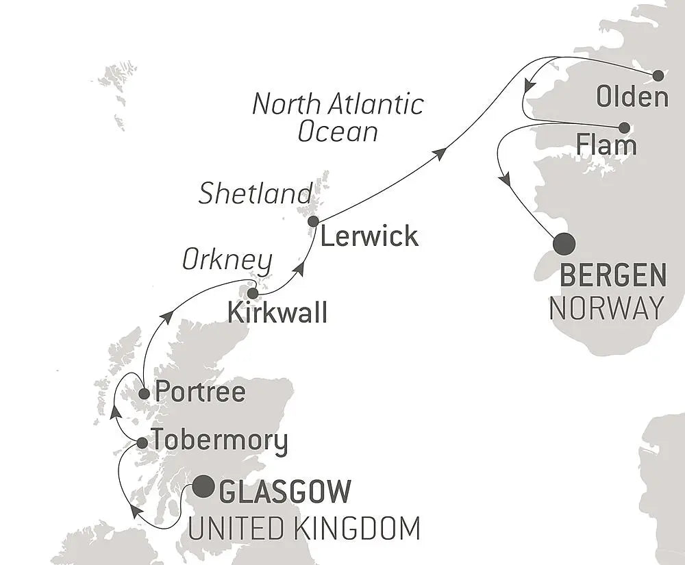 グラスゴー発 /ベルゲン着  スコットランド諸島とノルウェーフィヨルド	8日間