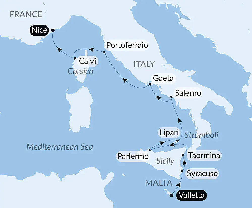 マルタ発/ニース着｜イタリア西海岸の島々めぐり 10日間